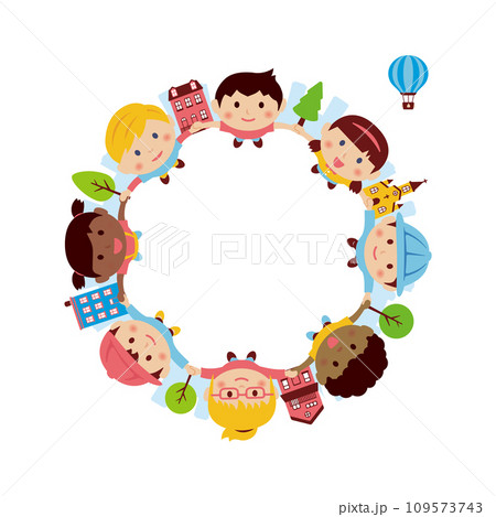 円形に手をつないで空を見上げる子供たちのイラスト/ 様々な人種（中央コピースペース) 109573743