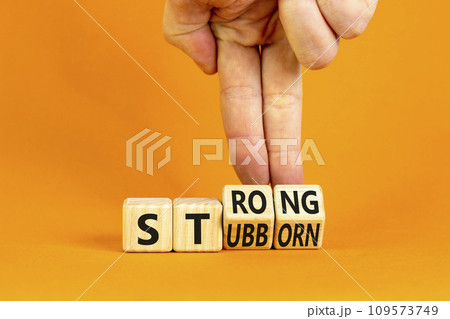 Strong and stubborn symbol. Concept words Strong Stubborn on wooden block. Beautiful orange table orange background. Businessman hand. Business strong and stubborn concept. Copy space. 109573749