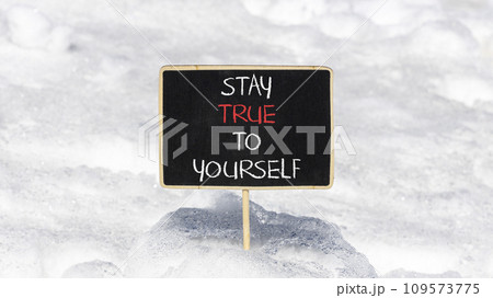 Stay true to yourself symbol. Concept word Stay true to yourself on beautiful black chalk blackboard. Beautiful white snow background. Business stay true to yourself concept. Copy space 109573775