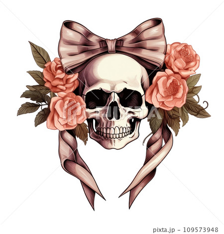 skull with flowers and empty ribbon isolated skull with flowers and empty ribbon isolated 109573948