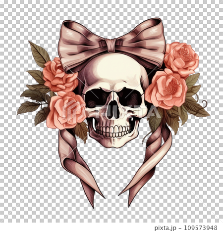 skull with flowers and empty ribbon isolated skull with flowers and empty ribbon isolated 109573948