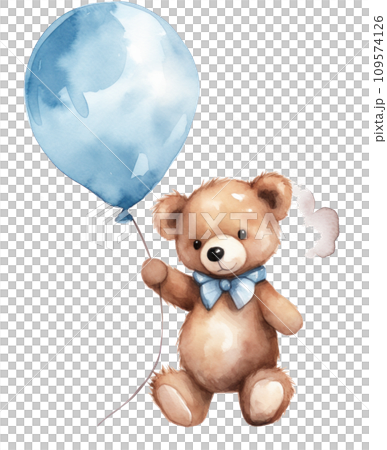 a watercolor of a teddy bear holding a blue balloon, 109574126