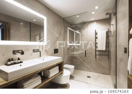 Design of a modern bathroom interior, shower cabin with toilet, sink in light colors. Design of a modern bathroom interior, shower cabin with toilet, sink in light colors. 109574163