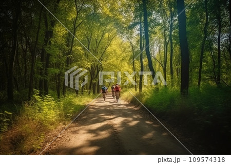 A group of bicycles with a cyclist rider at sunset on a forest road. Active healthy sport hobby. AI generated. 109574318