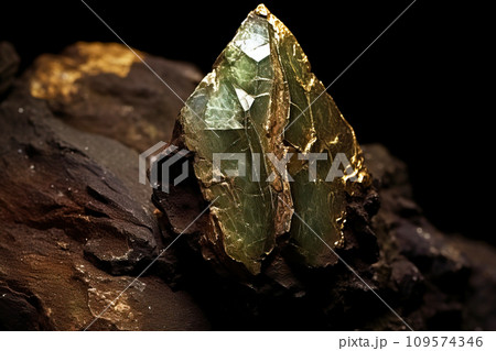 Valleriite is a rare precious natural stone on a black background. AI generated. 109574346