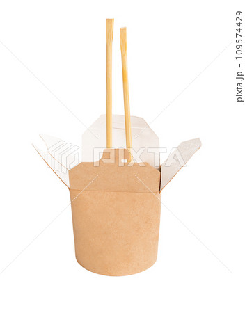 Chopsticks inside Asian noodle box, takeaway package, isolated on white background 109574429