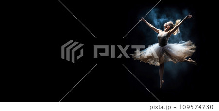 Classic ballet choreographic dance, dark background. Dancer ballerina on professional. AI generated. Classic ballet choreographic dance, dark background. Dancer ballerina on professional. AI generated. 109574730