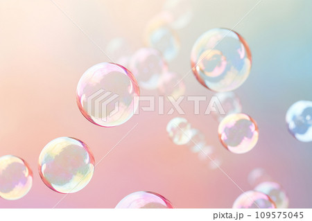 Soap bubbles floating in the air on pastel gradient background. Iridescent bubbles. Dreaming, fun and joy concept. Abstract pc desktop wallpaper. Cleaning and washing theme 109575045
