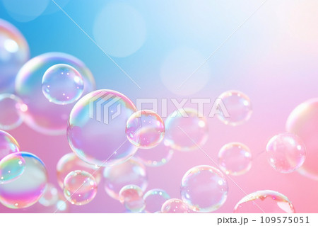 Soap bubbles floating in the air on pastel gradient background. Iridescent bubbles. Dreaming, fun and joy concept. Abstract pc desktop wallpaper. Cleaning and washing theme 109575051