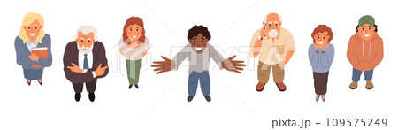 People looking up. Top view persons. Casual men and women look from below. Different age surprised characters. Stand and watch upward. Positive expression. Sad emotion. Garish vector set People looking up. Top view persons. Casual men and women look from below. Different age surprised characters. Stand and watch upward. Positive expression. Sad emotion. Garish vector set 109575249