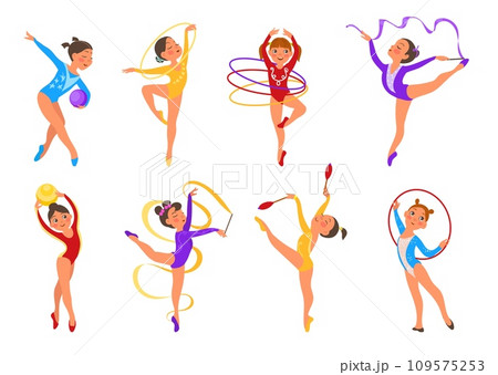 Girls gymnasts. Elegant athletes in different poses. Rhythmic gymnastics and acrobatics competition. Sport exercises. Flexibility and strength. Sportsman performance. Splendid vector set 109575253
