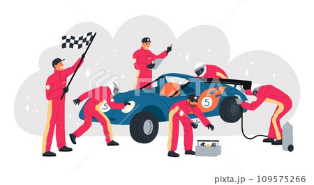 Cartoon racing car on pit stop. Mechanics team in auto servicing process. Tire pumping and wheel replacement. Automobile repair. Race competition. Technician crew. Garish vector concept 109575266