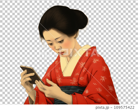 A woman in a kimono with a smartphone A woman in a kimono with a smartphone 109575422