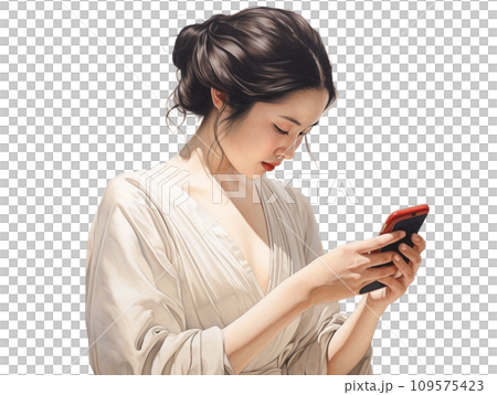 A woman in a kimono with a smartphone A woman in a kimono with a smartphone 109575423