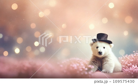 Polar bear in black top hat sitting in pink flower field; widescreen 16:9 background / wallpaper 109575430