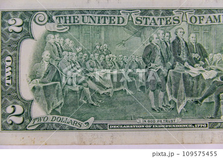 Macro shot of the Declaration of Independence, 1776 drawing from the back of the two dollar bill Macro shot of the Declaration of Independence, 1776 drawing from the back of the two dollar bill 109575455