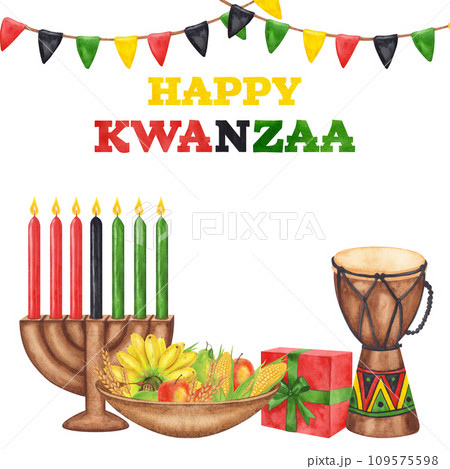 Postcard Kwanzaa. African-American holiday. Kinara, seven burning candles, red black green map cup drum gift harvest. Hand drawn watercolor illustration isolated background. Postcard Kwanzaa. African-American holiday. Kinara, seven burning candles, red black green map cup drum gift harvest. Hand drawn watercolor illustration isolated background. 109575598