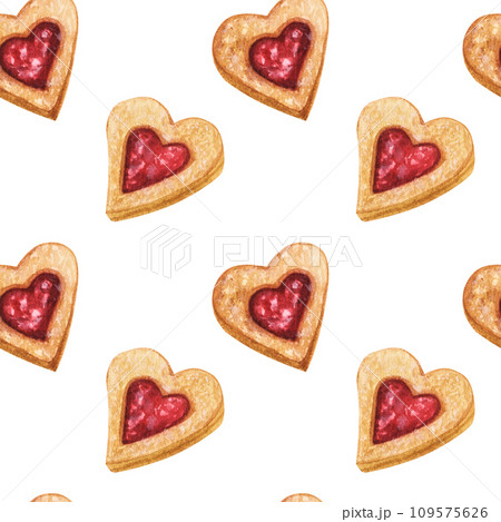 Seamless pattern sweet heart shaped cookies with strawberry jam. Valentine's Day. Hand drawn watercolor illustration isolated on white background. For menu, recipe, textile, fabrics, packaging 109575626
