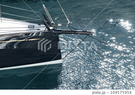 Sun glare on glossy board boats, azure water, tranquillity in port Hercules, bows of moored sailing boats at sunny day, megayachts, Monaco, Monte-Carlo Sun glare on glossy board boats, azure water, tranquillity in port Hercules, bows of moored sailing boats at sunny day, megayachts, Monaco, Monte-Carlo 109575958