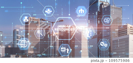 Human Resources HR management Recruitment Concept. Modern city background 109575986
