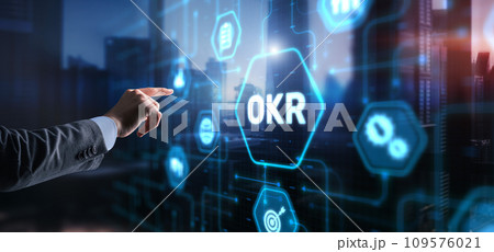 OKR Objective key result business technology finance concept on virtual screen 109576021