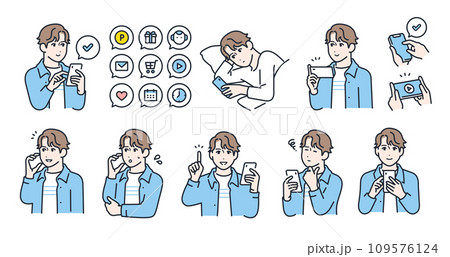 スマートフォンと若い男性のシンプルなベクターイラストセット素材 109576124