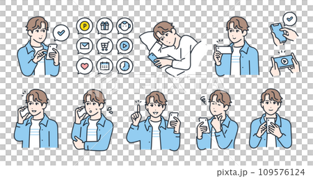 スマートフォンと若い男性のシンプルなベクターイラストセット素材 109576124