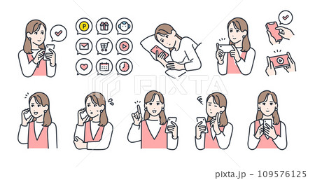 スマートフォンを持つ若い女性の表情バリエーションセット 109576125