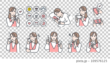 スマートフォンを持つ若い女性の表情バリエーションセット 109576125