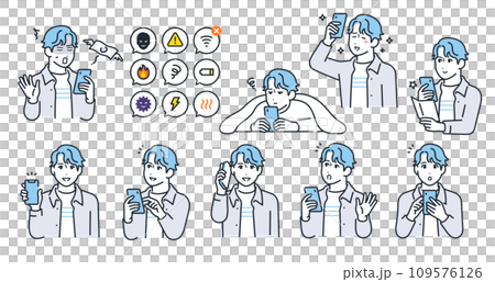 Simple vector illustration set material of smartphone and young man 109576126