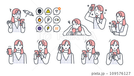 スマートフォンと若い女性のシンプルなベクターイラストセット素材 109576127