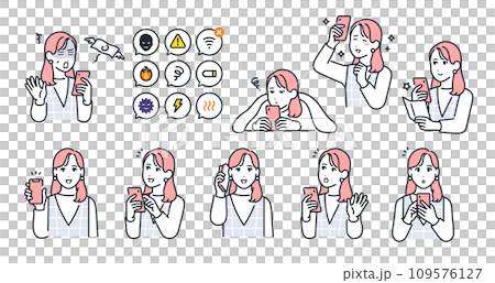 スマートフォンと若い女性のシンプルなベクターイラストセット素材 109576127