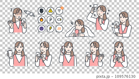 一名持有智慧型手機的年輕女子的臉部表情變化集 一名持有智慧型手機的年輕女子的臉部表情變化集 109576130