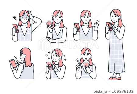 スマートフォンと若い女性のシンプルなベクターイラストセット素材 109576132