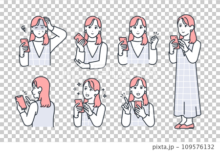 スマートフォンと若い女性のシンプルなベクターイラストセット素材 109576132