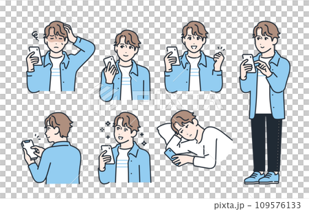 スマートフォンを持つ若い男性の表情バリエーションセット 109576133