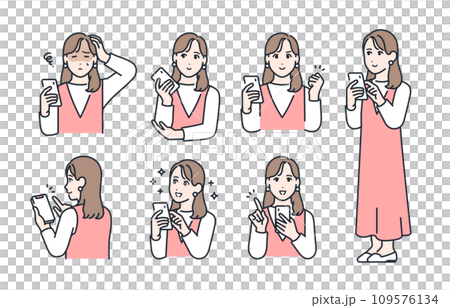 Simple vector illustration set material of smartphone and young woman 109576134