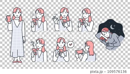 Facial expression variation set of a young woman holding a smartphone Facial expression variation set of a young woman holding a smartphone 109576136