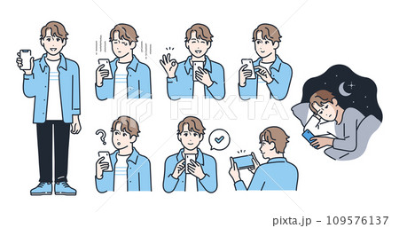スマートフォンと若い男性のシンプルなベクターイラストセット素材 スマートフォンと若い男性のシンプルなベクターイラストセット素材 109576137