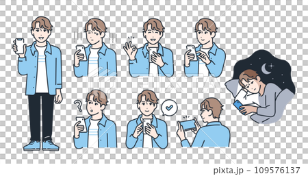 スマートフォンと若い男性のシンプルなベクターイラストセット素材 スマートフォンと若い男性のシンプルなベクターイラストセット素材 109576137