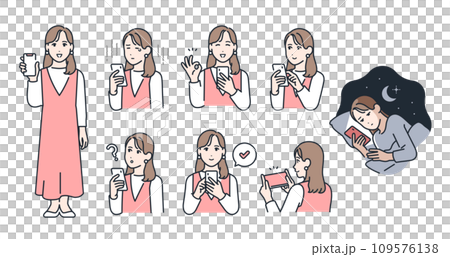 Simple vector illustration set material of smartphone and young woman 109576138