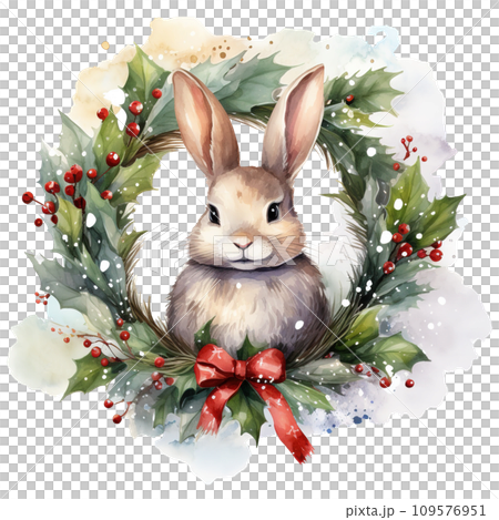 watercolor christmas bunny with wreath. AI generated image watercolor christmas bunny with wreath. AI generated image 109576951