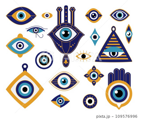 Cartoon evil eyes various mascots. Blue protection amulets, hand of fatima and spiritual triangle. Eye of providence, magic decent vector clipart 109576996