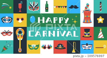 Carnival banner. Flat masks, musical instruments and colorful party props. Decorative festival elements, glass with splash, decent vector background 109576997