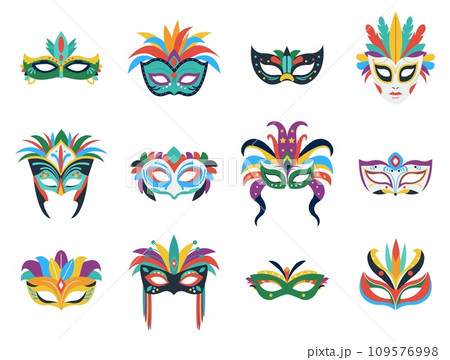 Flat carnival masks. Decorative venetian mask with feathers, isolated festival or party facial accessories. Masquerade clothes element decent vector set 109576998