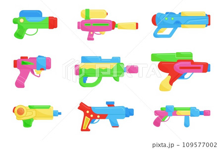 Children gun toy. Plastic space guns, water kids weapon. Neon blasters and rayguns, pistols for games. Childish shooting toys decent vector elements 109577002