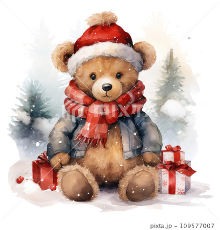 teddy bear with a bow and a gift box. AI generated 109577007