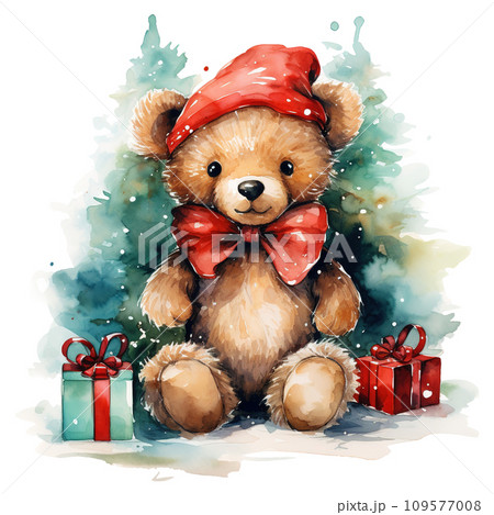 teddy bear with a bow and a gift box. AI generated 109577008