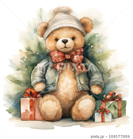 teddy bear with a bow and a gift box. AI generated 109577009