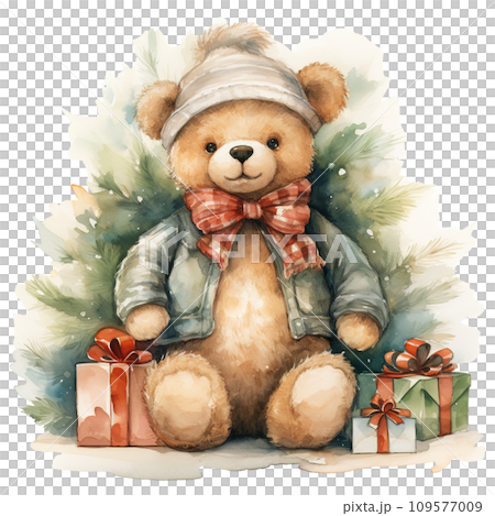 teddy bear with a bow and a gift box. AI generated 109577009